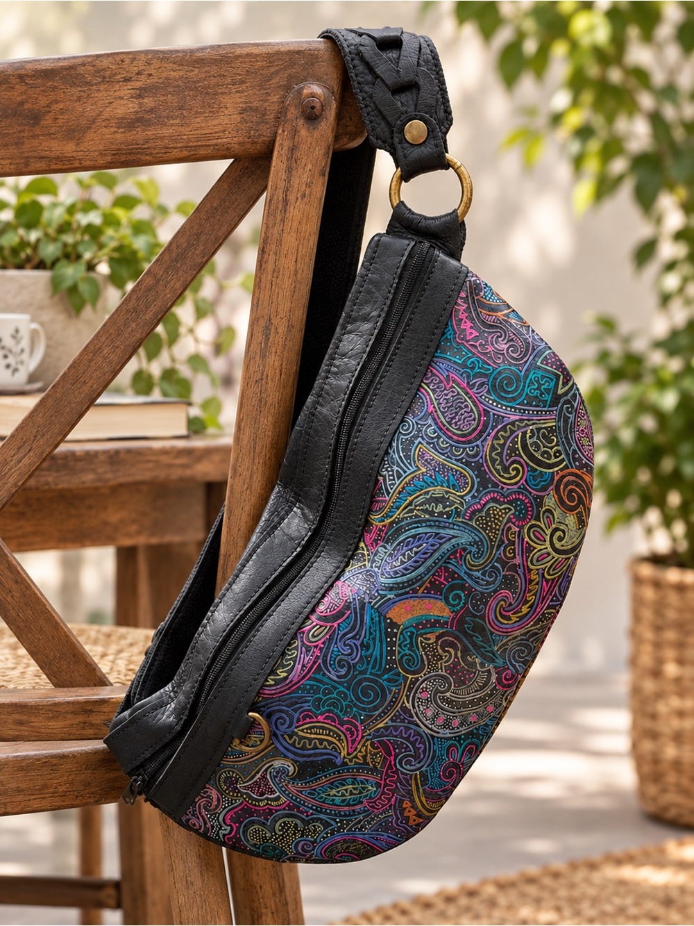 Hippie Momma Bags Sling. Black leather with paisley